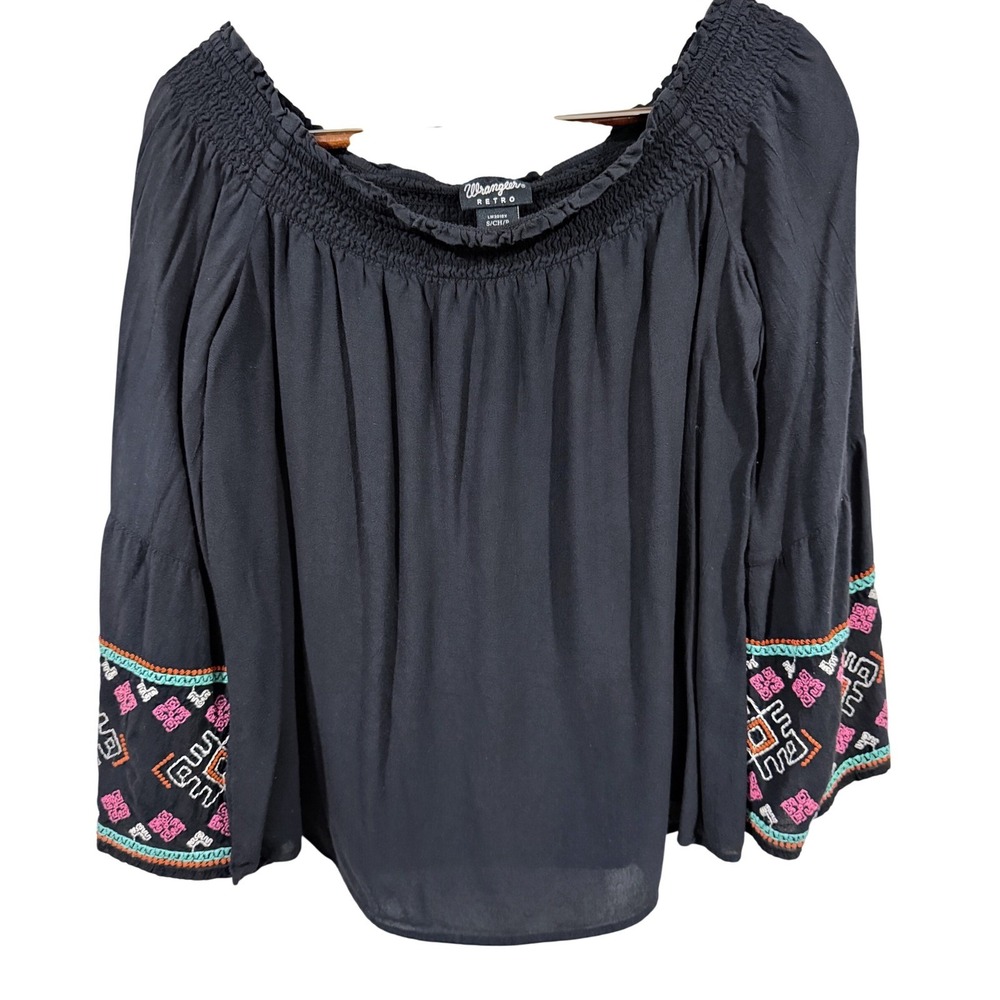 Women Small Black Embroidered Bell Sleeve Western Boho Coastal Cowgirl Top